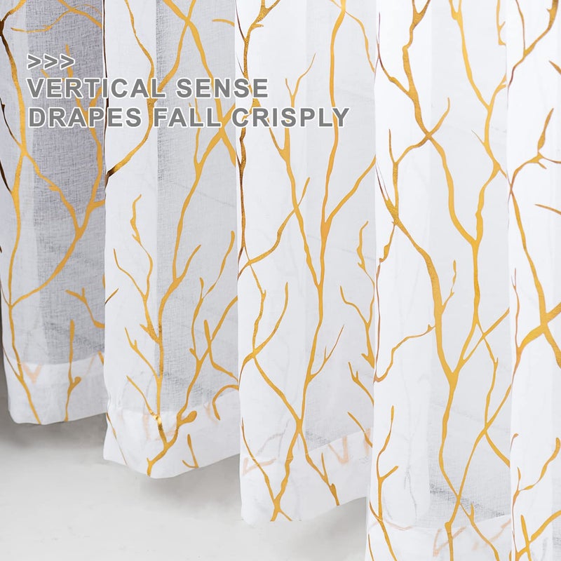 FINECITY White and Gold Sheer Curtains 45 Inch Length 2 Panels Metallic Gold Foil Branches Printed Sheer Kitchen Curtains Over Sink, Rod Pocket Privacy Short Sheer Window Curtains, 52 x 45 Inch - Image 5